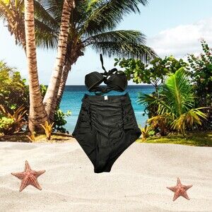 COCOSHIP BLACK HIGH WAISTED 2 PIECE SWIMSUIT,SIZE M